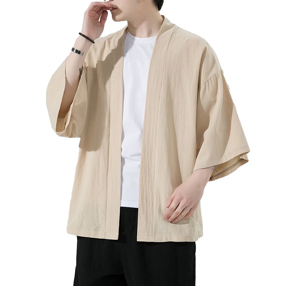 Soldes Vêtements kimono japonais élégants pour hommes couleur unie cardigan kaki
