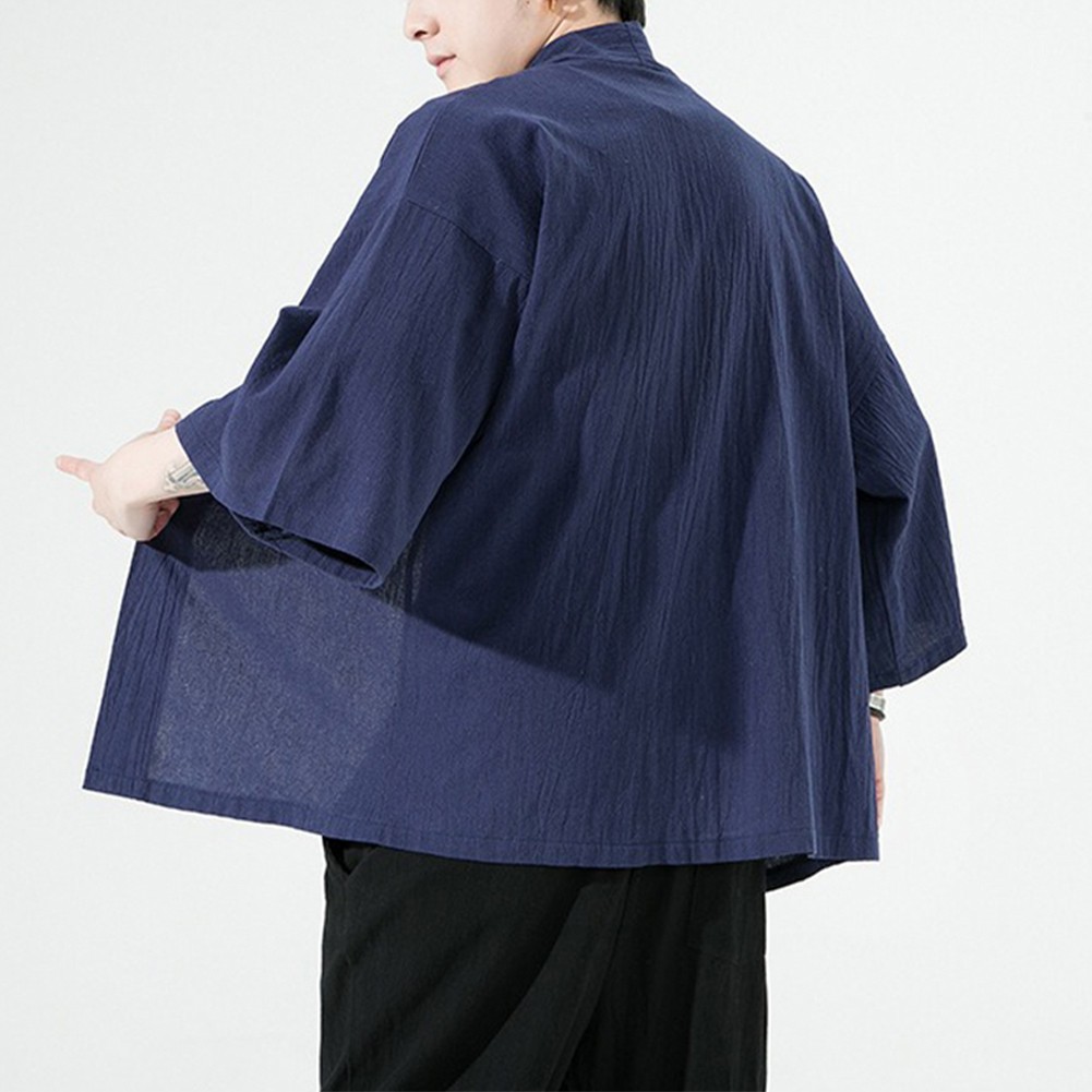Soldes Vêtements kimono japonais élégants pour hommes couleur unie cardigan kaki