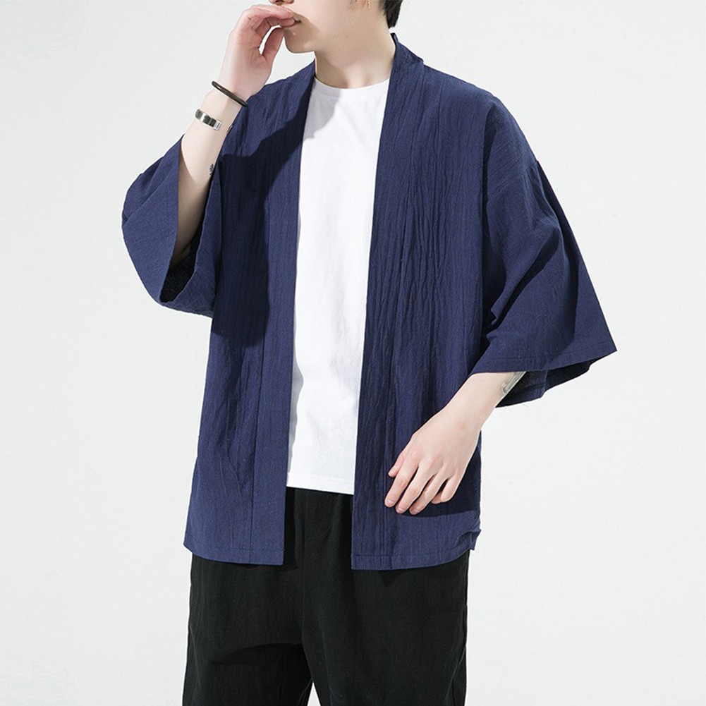 Vêtements kimono japonais élégants pour remise hommes couleur unie cardigan kaki