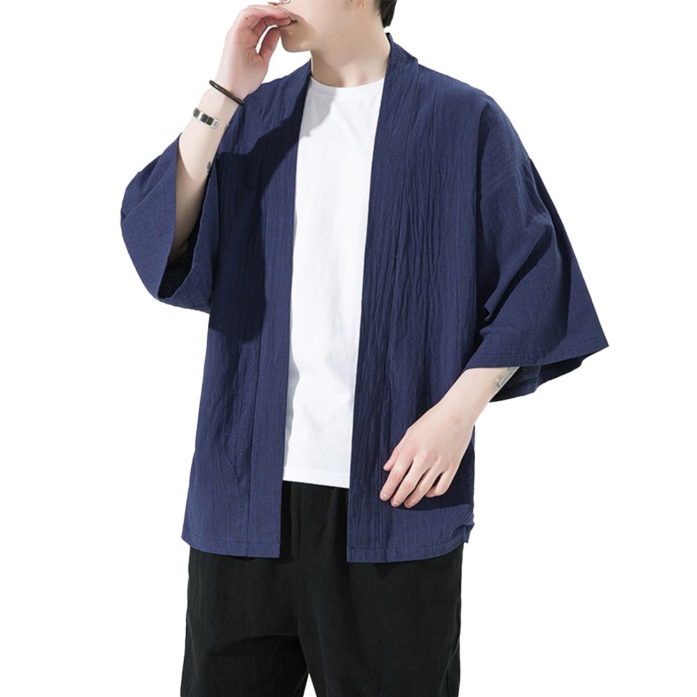 Vêtements kimono japonais élégants pour hommes couleur unie cardigan en ligne kaki