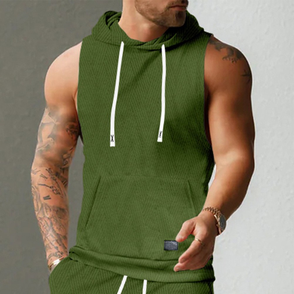 27) Casual Lace Vest Men's Hooded Tank Top Solid Color Sleeveless T shirt