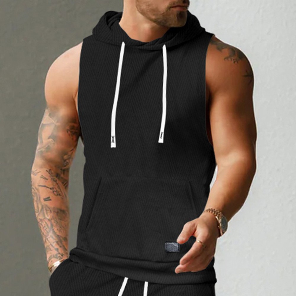 27) Casual Lace Vest Men's Hooded Tank Top Solid Color Sleeveless T shirt