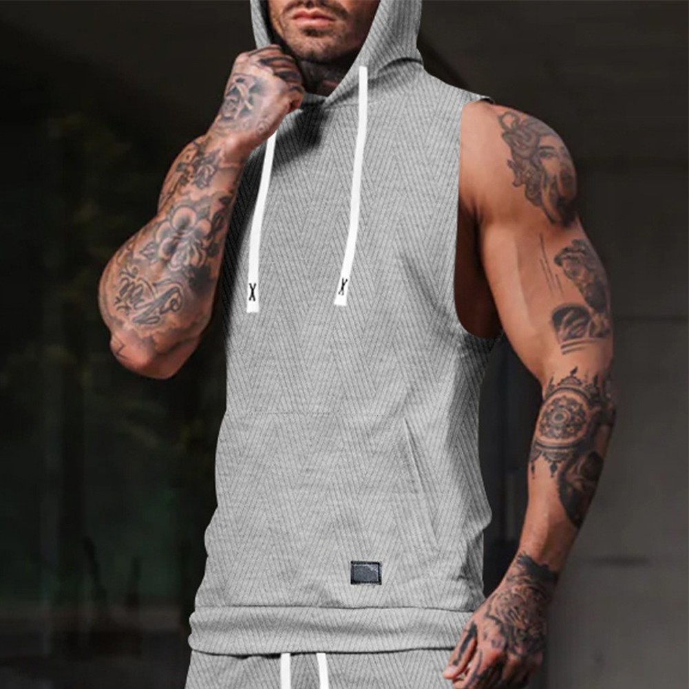 27) Casual Lace Vest Men's Hooded Tank Top Solid Color Sleeveless T shirt