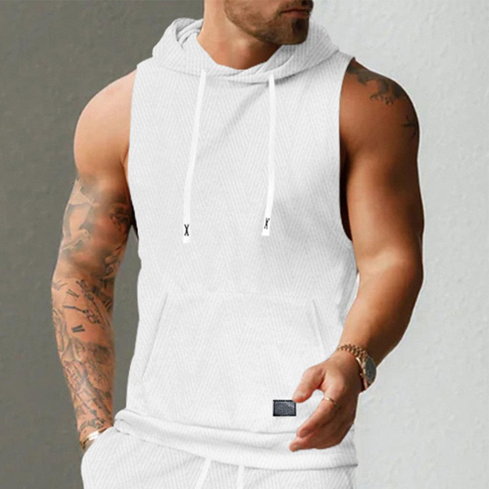 27) Casual Lace Vest Men's Hooded Tank Top Solid Color Sleeveless T shirt