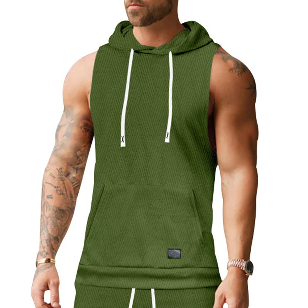 27) Casual Lace Vest Men's Hooded Tank Top Solid Color Sleeveless T shirt