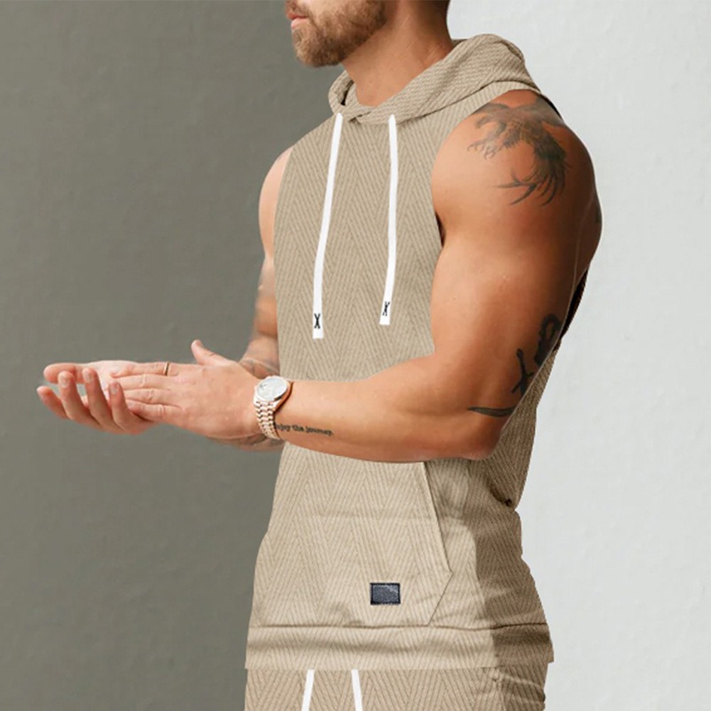 27) Casual Lace Vest Men's Hooded Tank Top Solid Color Sleeveless T shirt