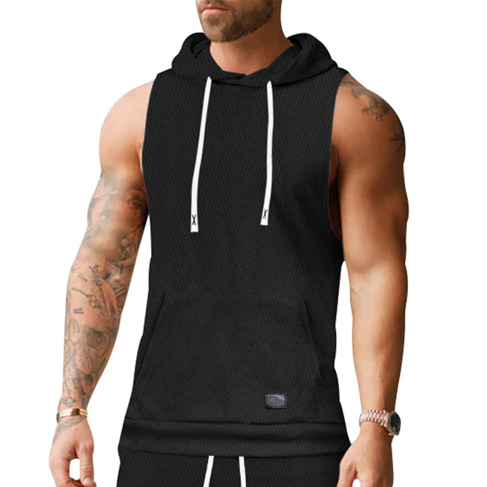 27) Casual Lace Vest Men's Hooded Tank Top Solid Color Sleeveless T shirt