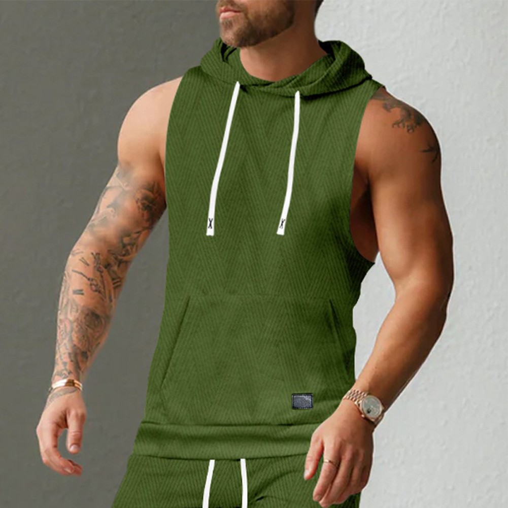 27) Casual Lace Vest Men's Hooded Tank Top Solid Color Sleeveless T shirt