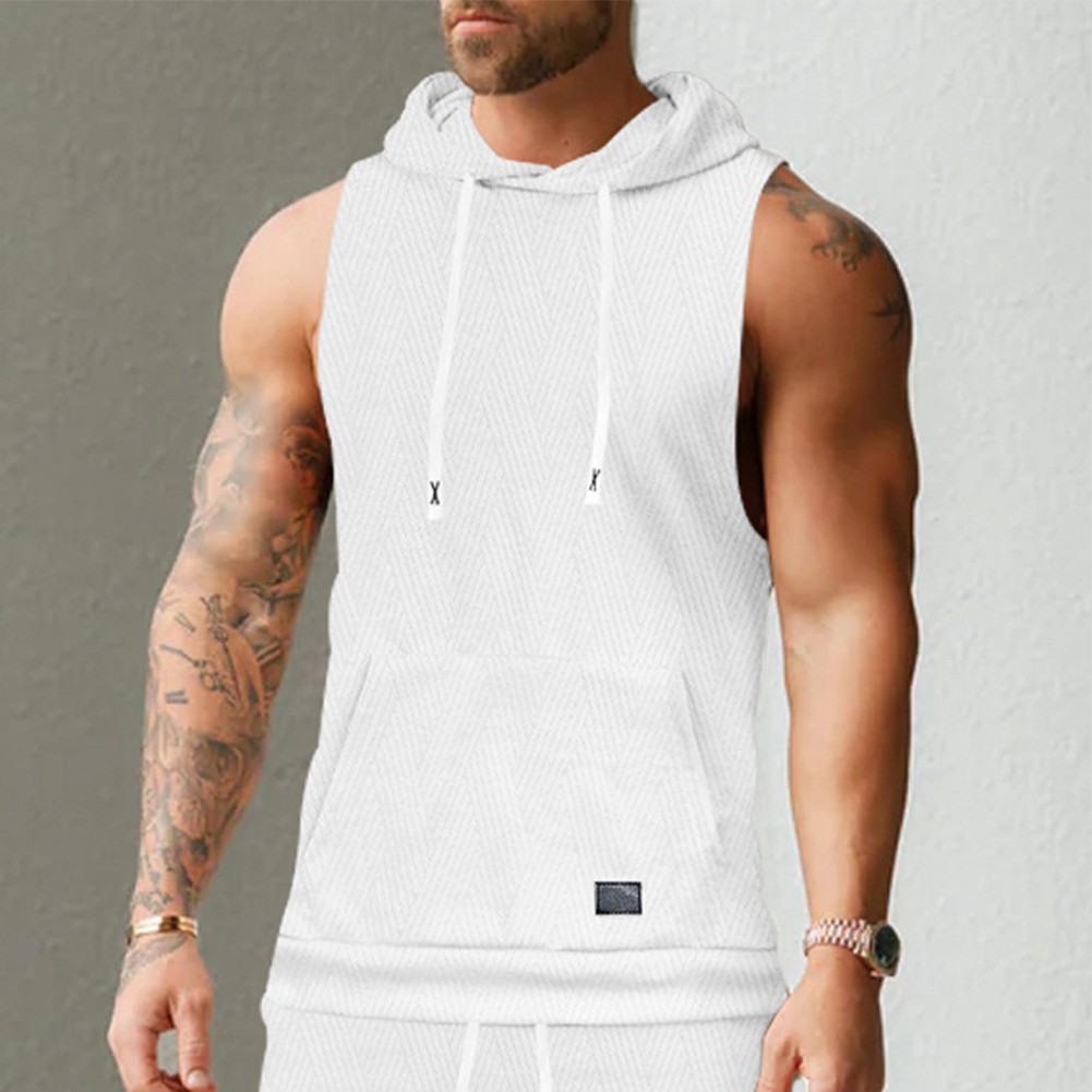 27) Casual Lace Vest Men's Hooded Tank Top Solid Color Sleeveless T shirt