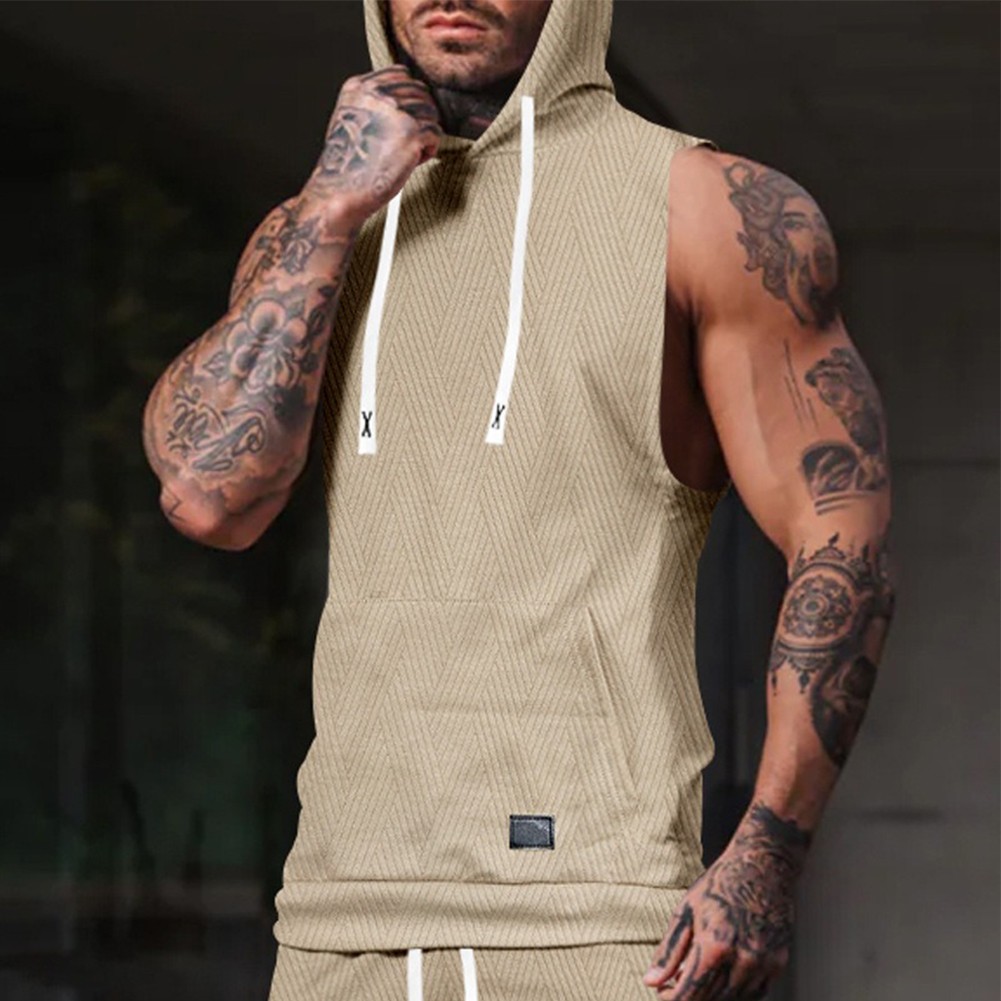 27) Casual Lace Vest Men's Hooded Tank Top Solid Color Sleeveless T shirt