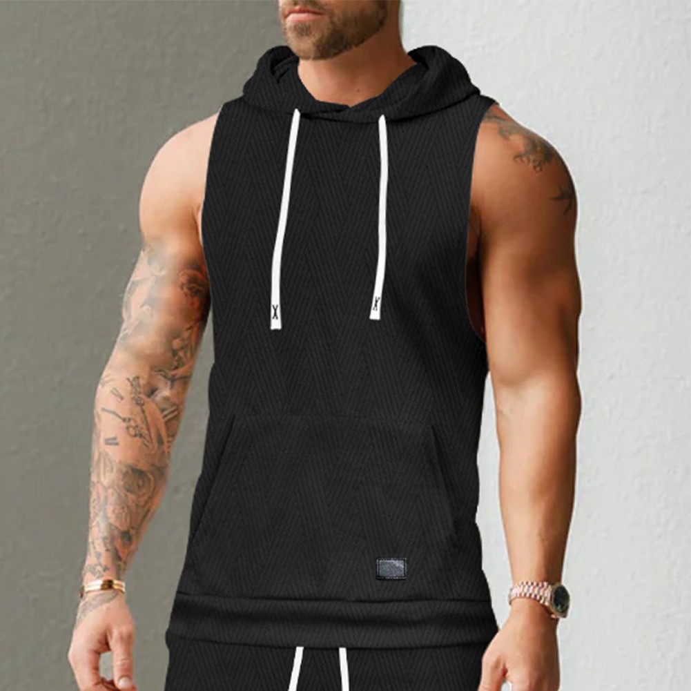 27) Casual Lace Vest Men's Hooded Tank Top Solid Color Sleeveless T shirt