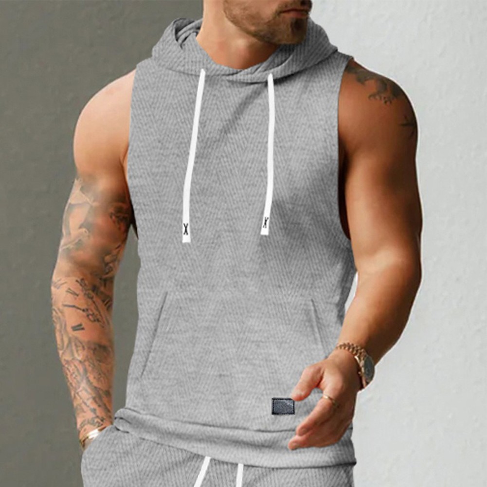 27) Casual Lace Vest Men's Hooded Tank Top Solid Color Sleeveless T shirt