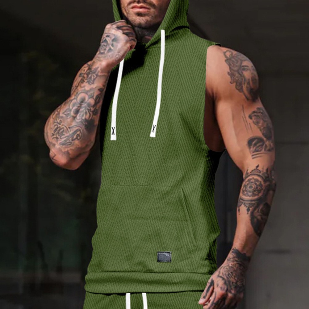 27) Casual Lace Vest Men's Hooded Tank Top Solid Color Sleeveless T shirt