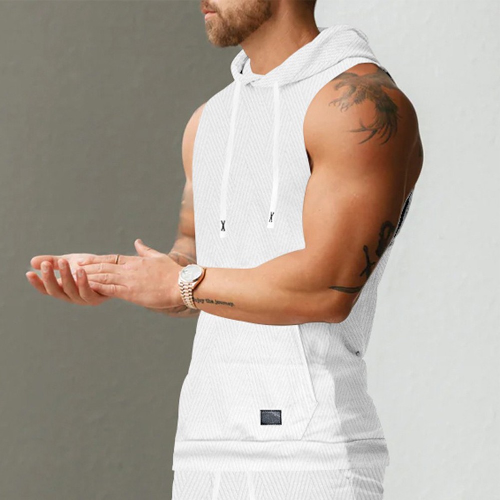 27) Casual Lace Vest Men's Hooded Tank Top Solid Color Sleeveless T shirt