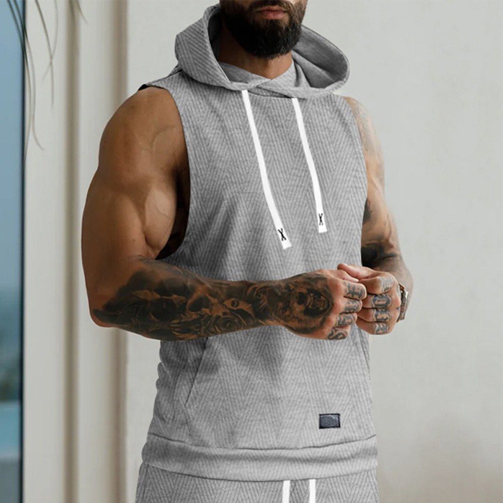 27) Casual Lace Vest Men's Hooded Tank Top Solid Color Sleeveless T shirt