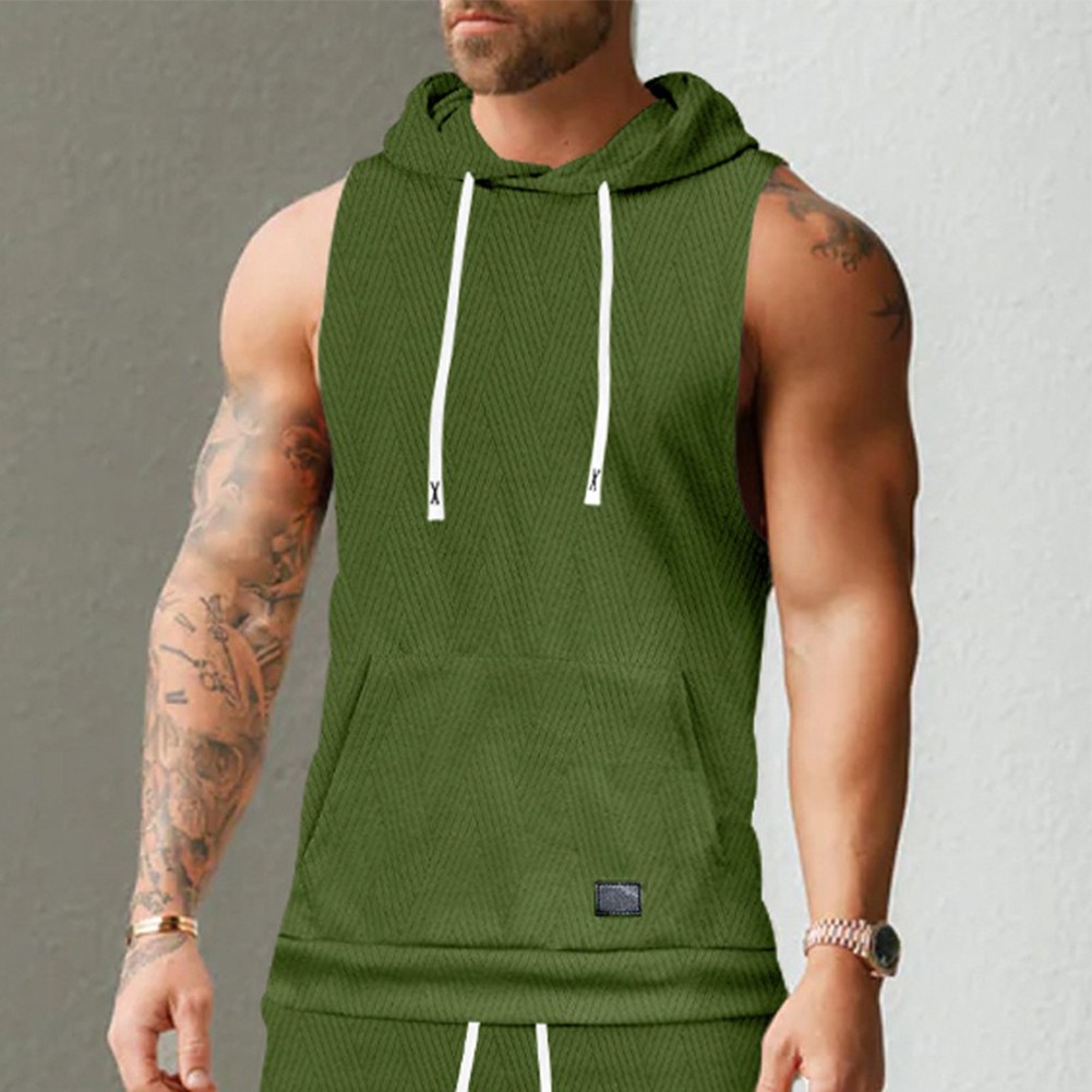 27) Casual Lace Vest Men's Hooded Tank Top Solid Color Sleeveless T shirt