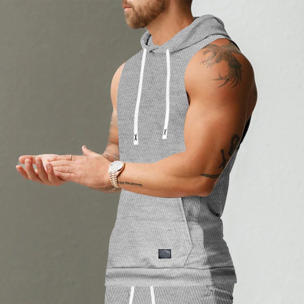 27) Casual Lace Vest Men's Hooded Tank Top Solid Color Sleeveless T shirt