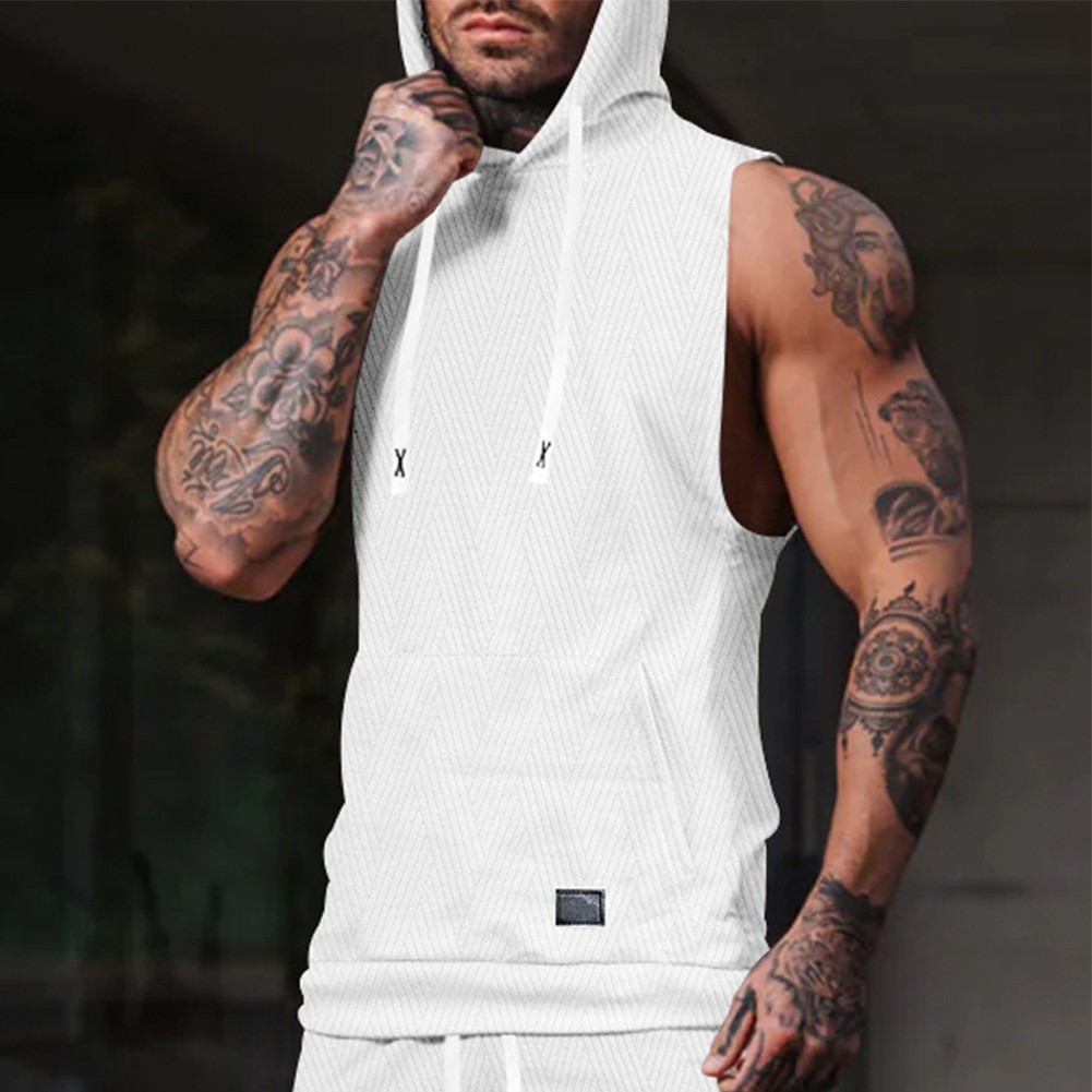 27) Casual Lace Vest Men's Hooded Tank Top Solid Color Sleeveless T shirt