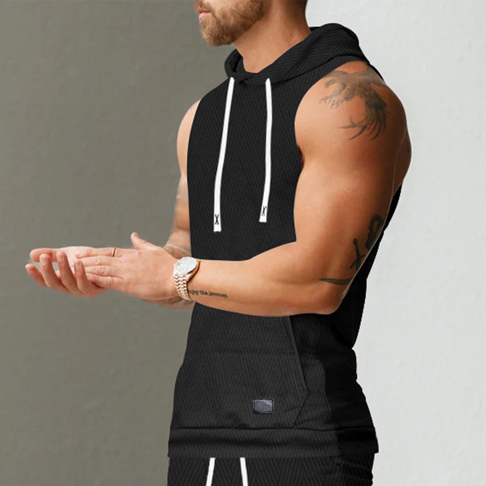 27) Casual Lace Vest Men's Hooded Tank Top Solid Color Sleeveless T shirt