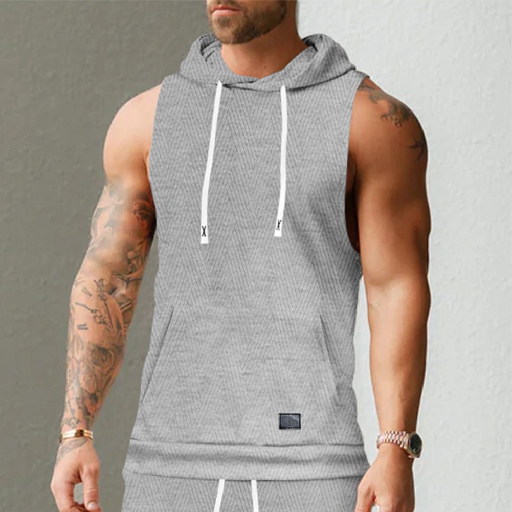 27) Casual Lace Vest Men's Hooded Tank Top Solid Color Sleeveless T shirt