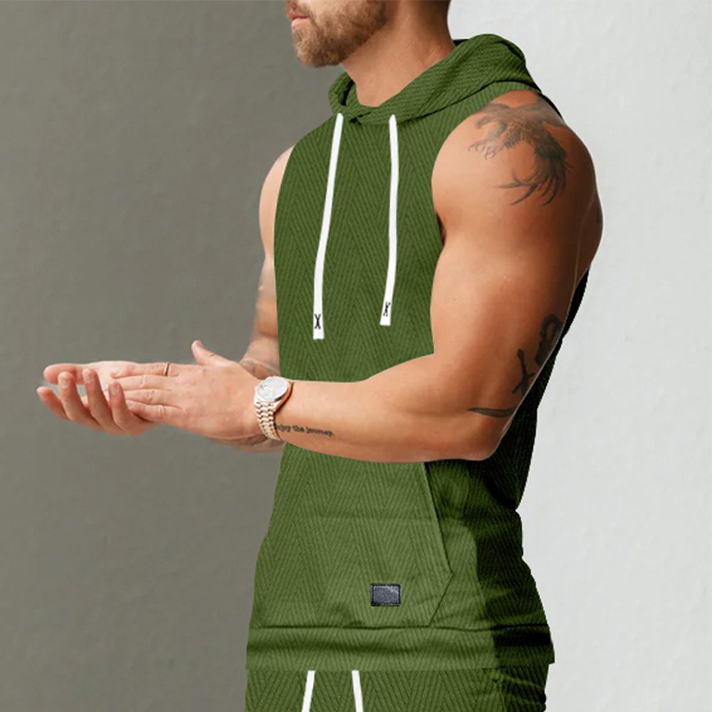 27) Casual Lace Vest Men's Hooded Tank Top Solid Color Sleeveless T shirt