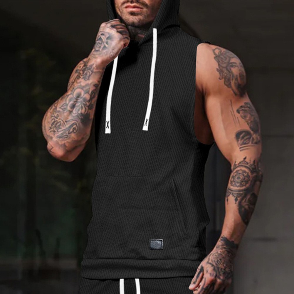 27) Casual Lace Vest Men's Hooded Tank Top Solid Color Sleeveless T shirt