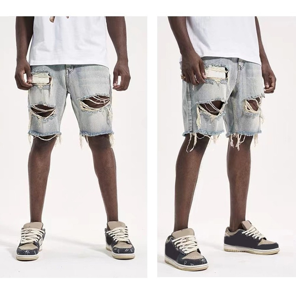 Fashionable Vintage Streetwear Men's Distressed Shorts with a Slim Fit - Picture 20 of 60
