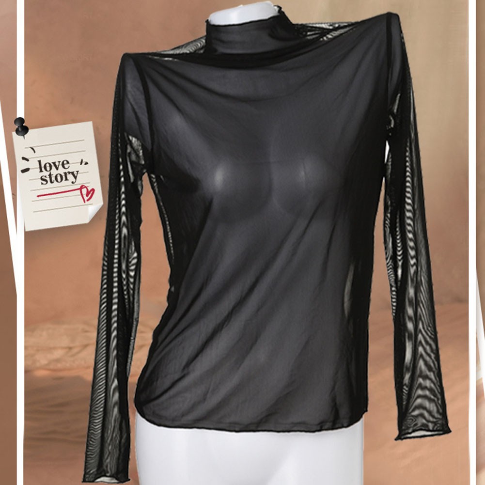 Gauze Bottoming T shirt for Women Sexy Lingerie Long Sleeve High Collar