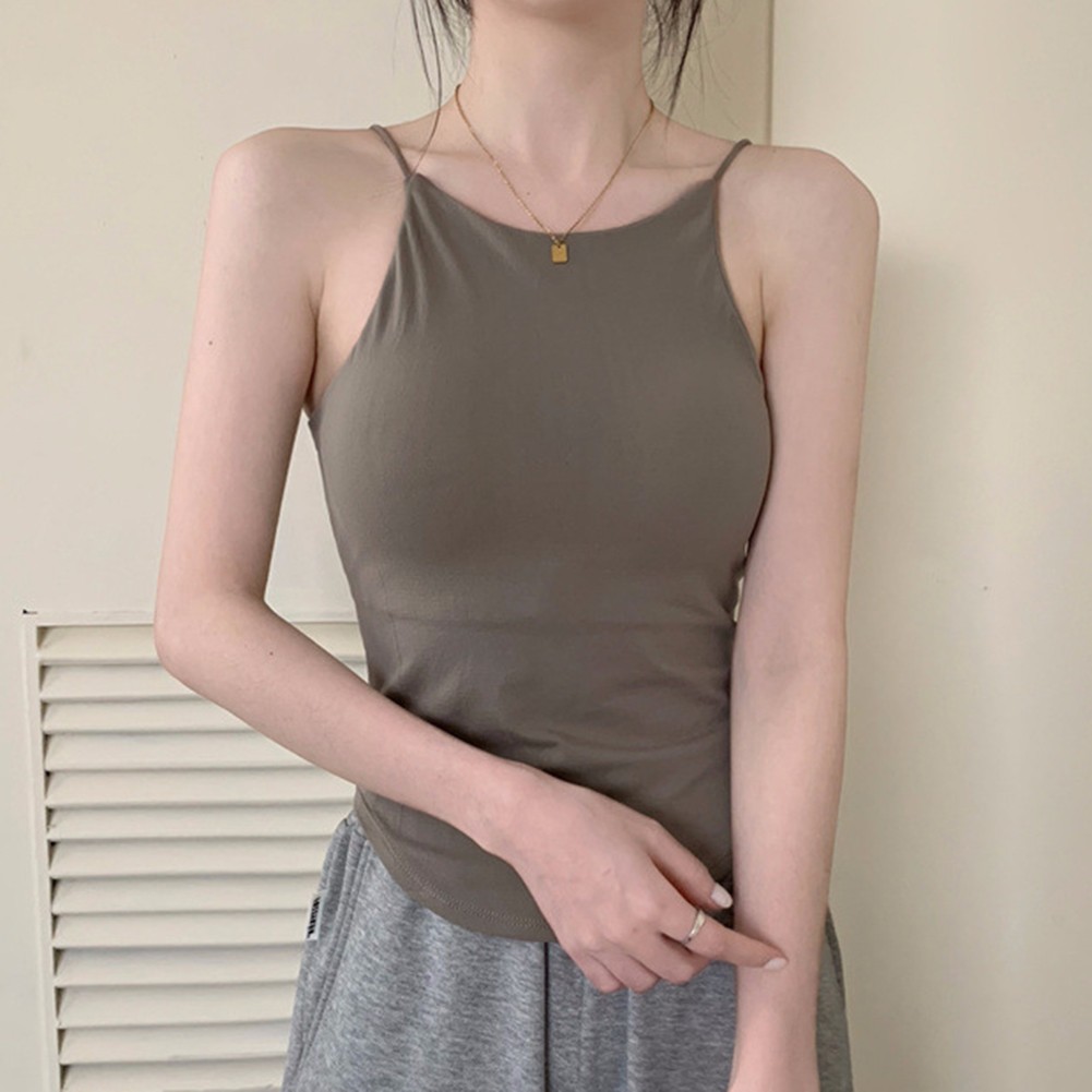 Small Women's Outerwear Sleeveless Top Camisole with Chest Pad in Khaki - Picture 7 of 8