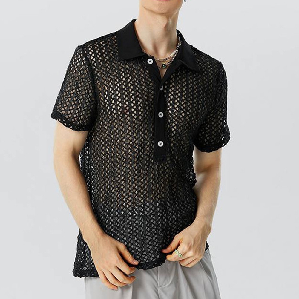 Chemise homme élégante streetwear 2024 manches courtes avec motif creux en maille