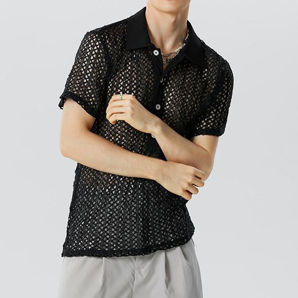 Chemise homme élégante streetwear 2024 manches courtes avec motif creux en maille