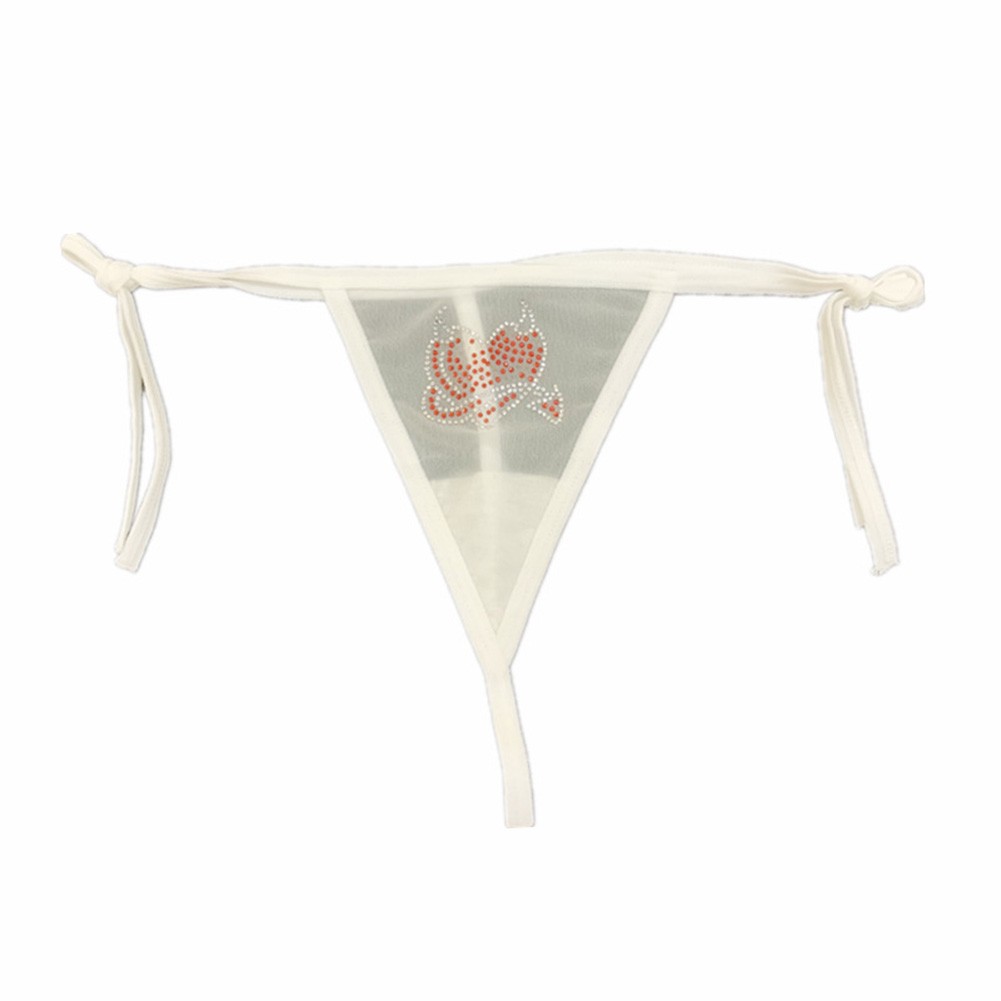 Thin Transparent Lace Up Thongs with Rhinestone Patterned Mesh Sexy Underpants