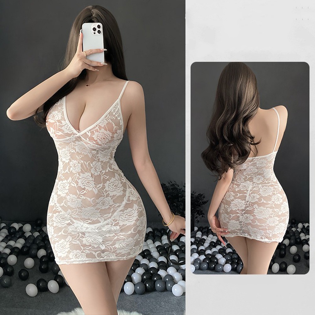 Lace See Through Suspender Dress Thong Set for Women Hot Girl Slim and Sexy - Picture 23 of 24