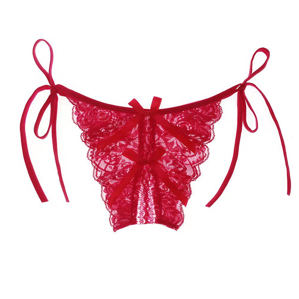 Solid Color Crotchless Thong Lace-up Briefs Sexy Panties All Seasons Breathable - Picture 13 of 15