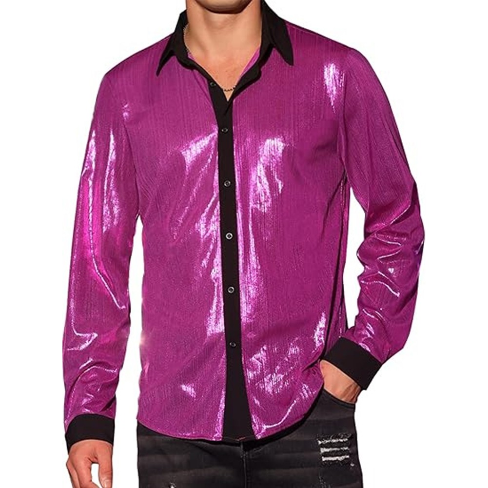 Mens Shiny Night Club Party Shirt Slim Fit Button Down Tops Modern Design - Picture 16 of 17