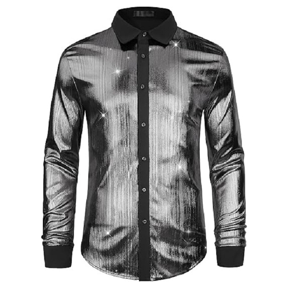 Mens Shiny Night Club Party Shirt Slim Fit Button Down Tops Modern Design - Picture 9 of 17