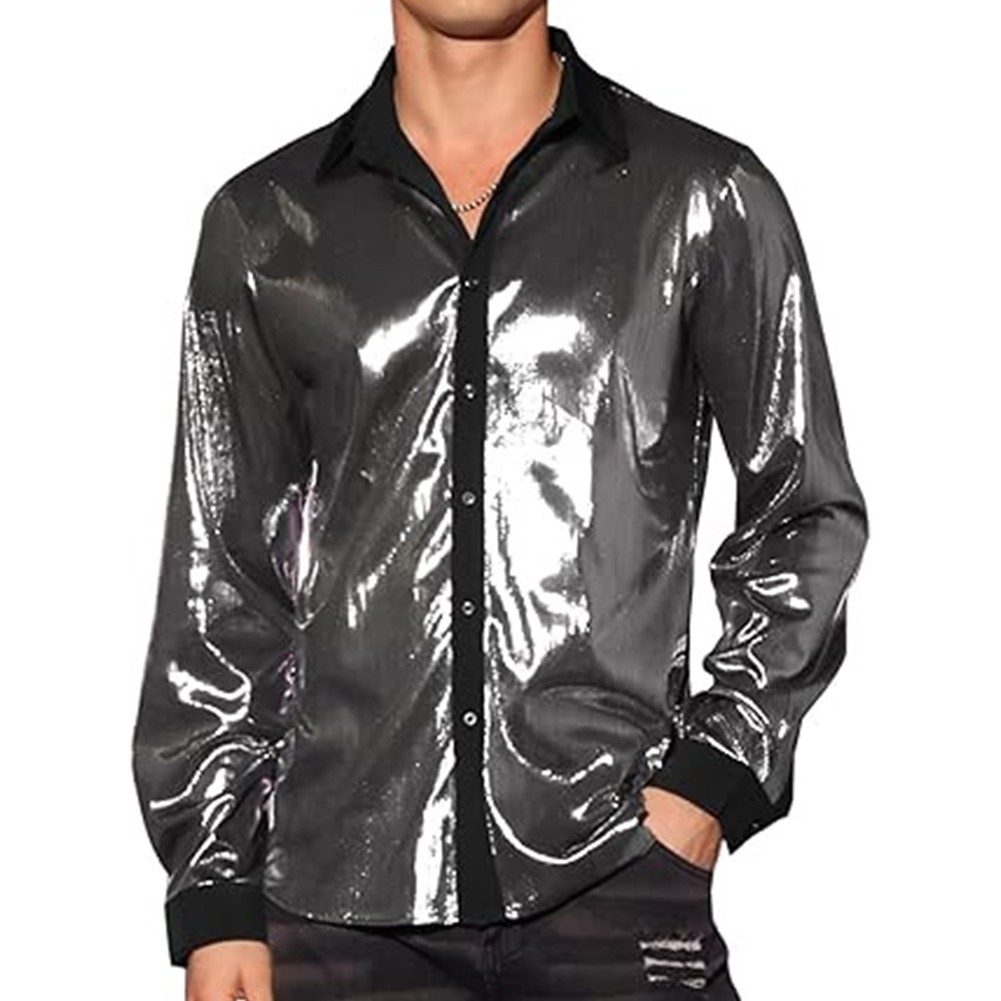 Mens Shiny Night Club Party Shirt Slim Fit Button Down Tops Modern Design - Picture 10 of 17