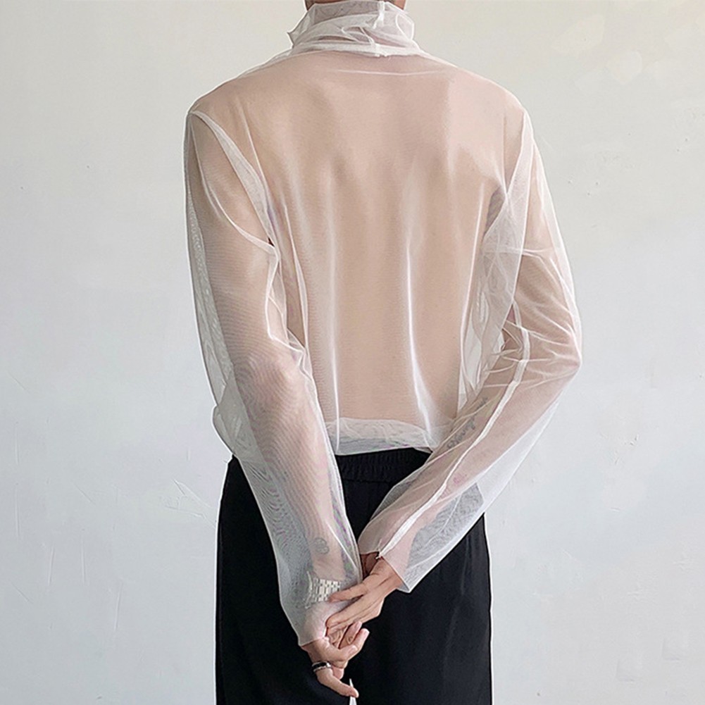 Sexy malla transparente cuello alto manga larga Streetwear camiseta para hombre - Imagen 15 de 32
