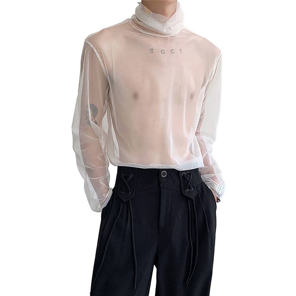 Sexy malla transparente cuello alto manga larga Streetwear camiseta para hombre - Imagen 13 de 32