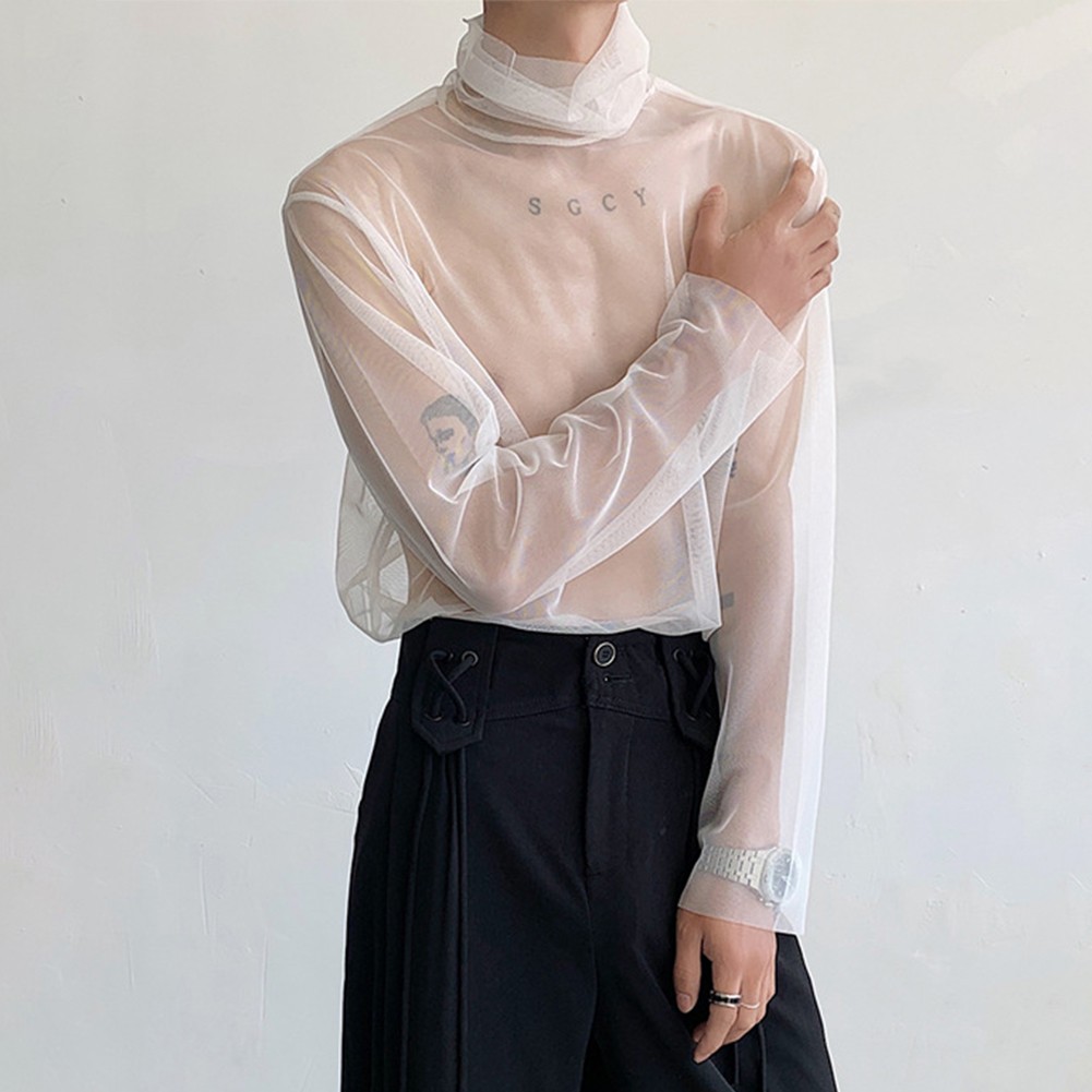 Sexy malla transparente cuello alto manga larga Streetwear camiseta para hombre - Imagen 17 de 32