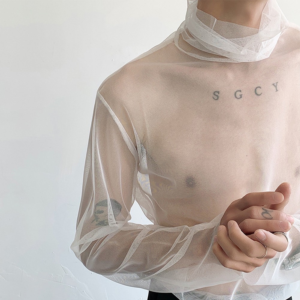 Sexy malla transparente cuello alto manga larga Streetwear camiseta para hombre - Imagen 14 de 32