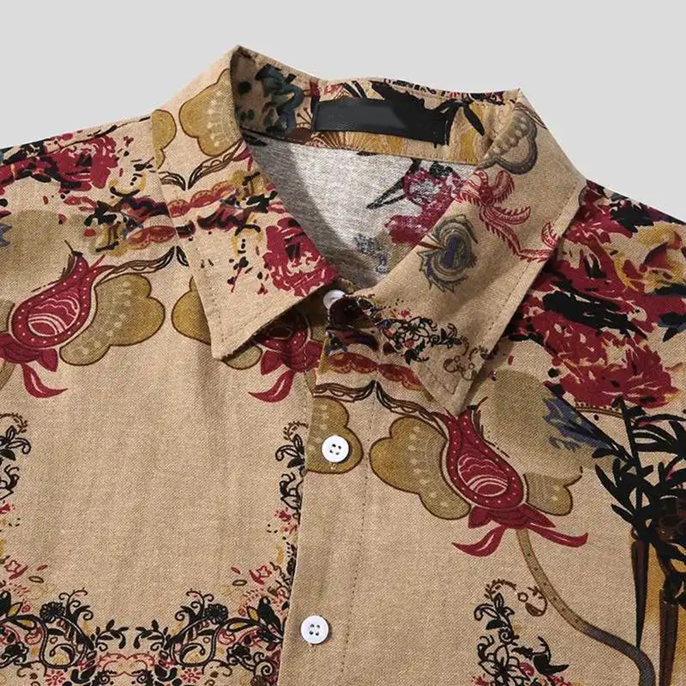 Vintage Streetwear Hawaiian Shirt for Men with Ethnic Style Floral Print - Picture 17 of 42