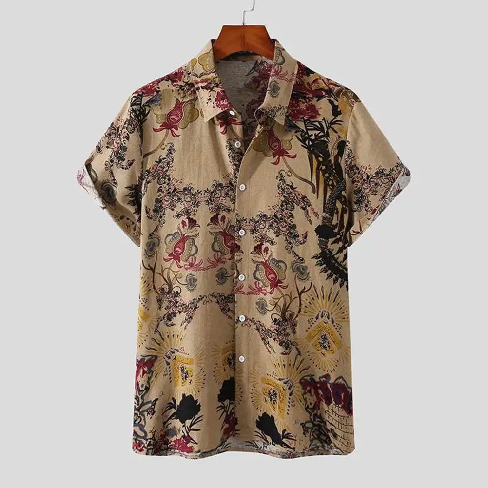 Vintage Streetwear Hawaiian Shirt for Men with Ethnic Style Floral Print - Picture 13 of 42