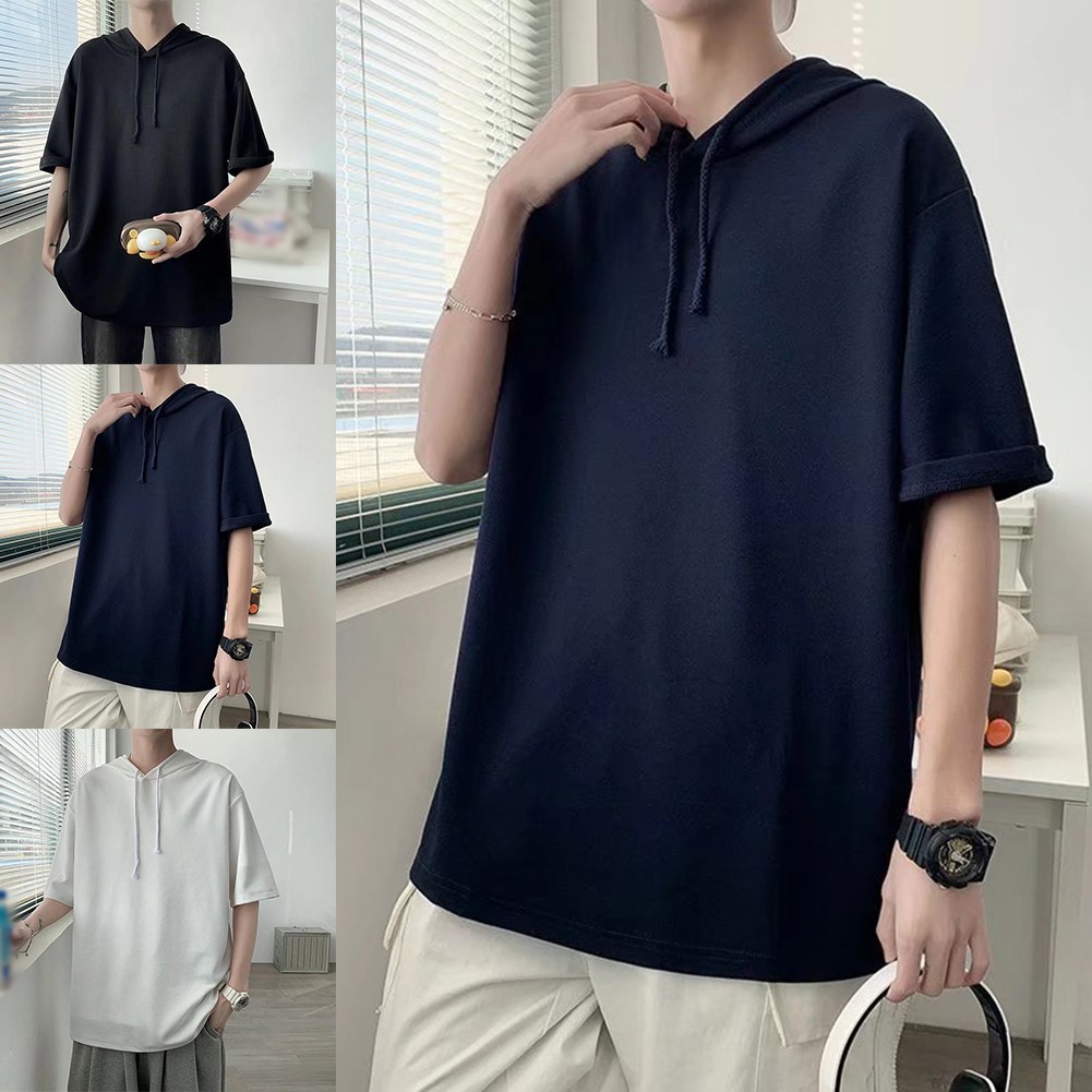 ATRYONE Men's Short Sleeve Hoodie - Solid Color Pullover With Scallop Hem, 95% Polyester 5% Spandex