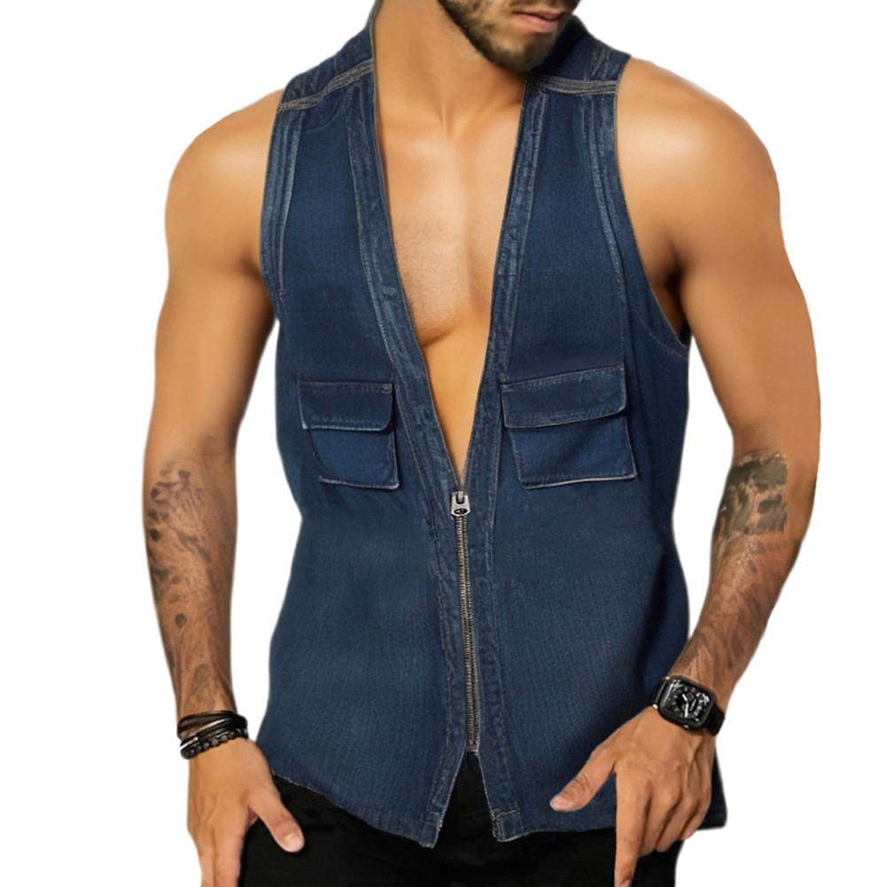 Cool Blue Patchwork Tank Top V Neck Sleeveless Shirt Vest for Stylish Men