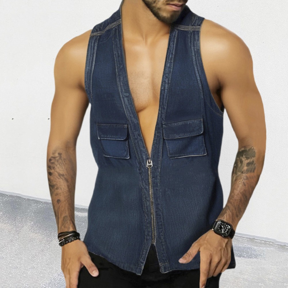 Cool Blue Patchwork Tank Top V Neck Sleeveless Shirt Vest for Stylish Men