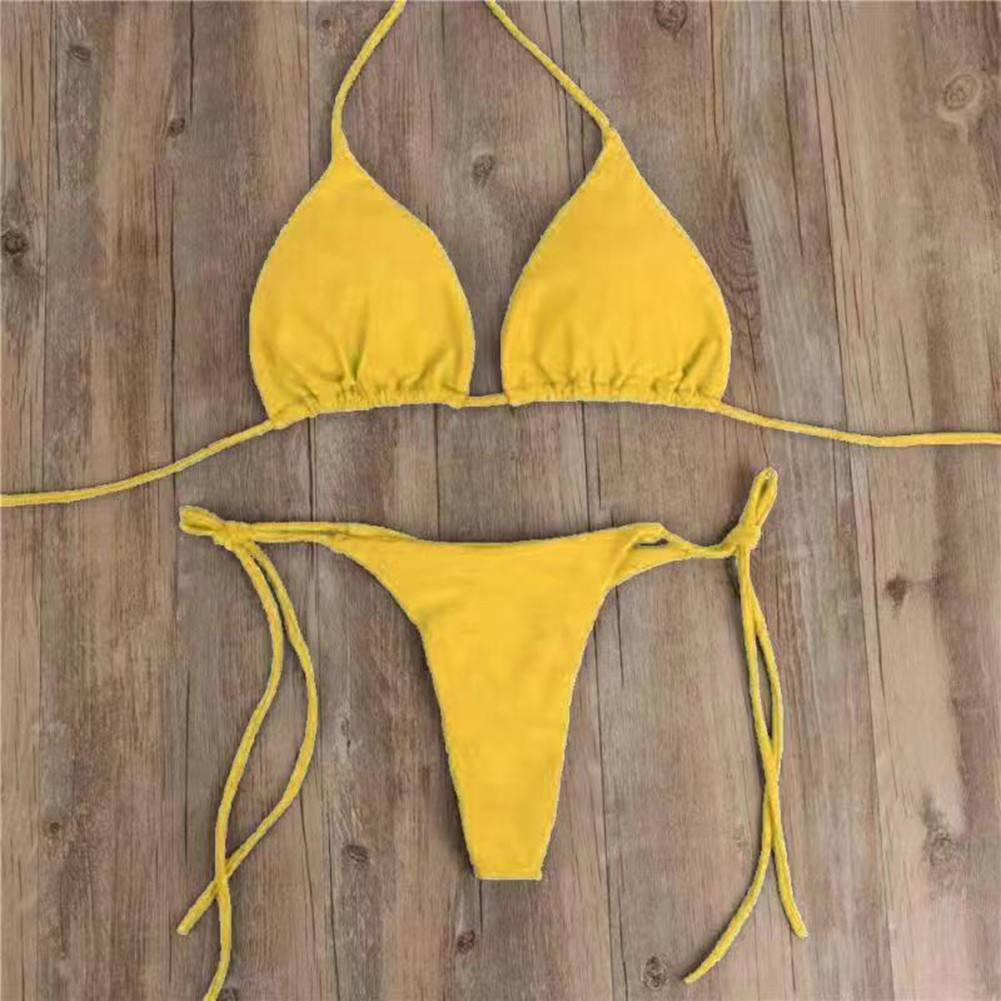 Sexy Bandage Style Brazilian Swimwear Green and Yellow Thong Bikini Set