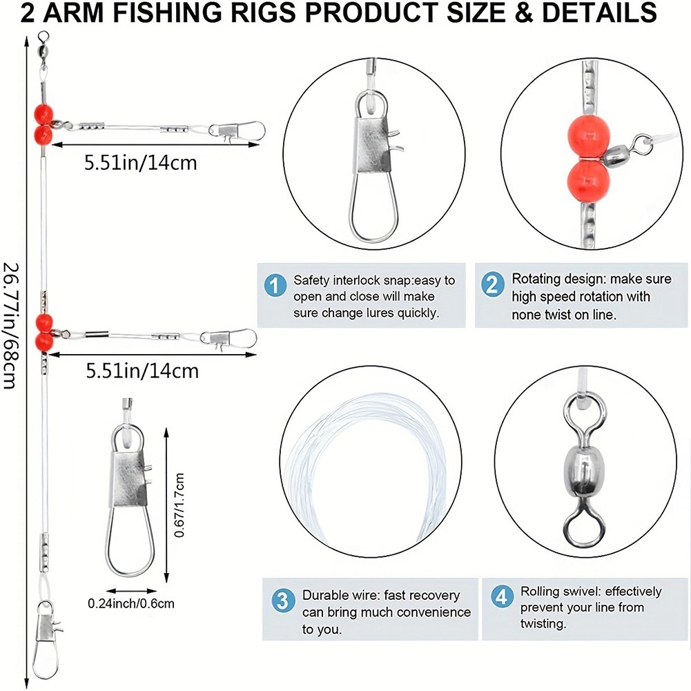 Fishing Rig Set 6 Nylon Leaders with Snaps and Beads for Saltwater Use