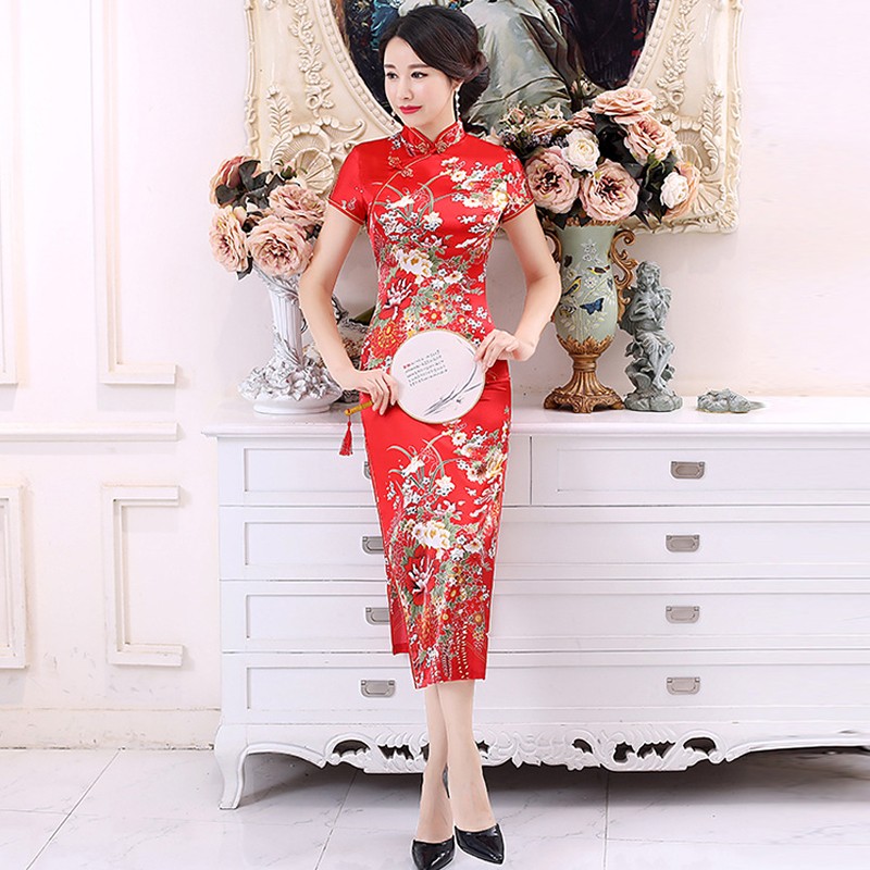 Slim Fit Floral Print Cheongsam Dress Women's Traditional Chinese Dress - Picture 24 of 28
