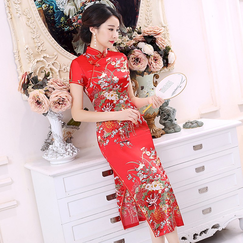 Slim Fit Floral Print Cheongsam Dress Women's Traditional Chinese Dress - Picture 25 of 28